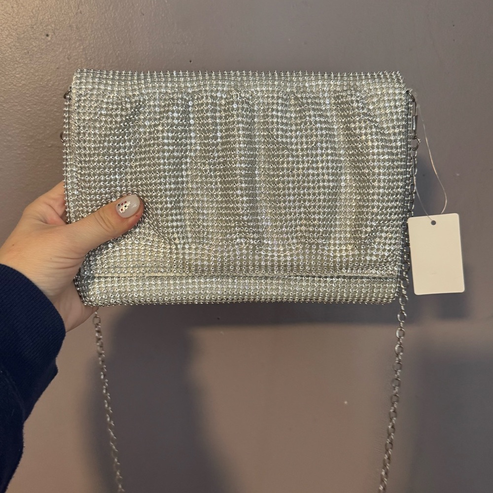 Natasha Couture silver rhinestone embellished evening clutch brand new with tags